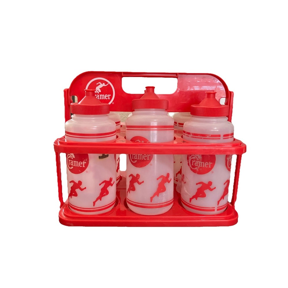 Vintage Cramer Sports Water Bottle Set with Red Carrier 6-Pack Team Hydration